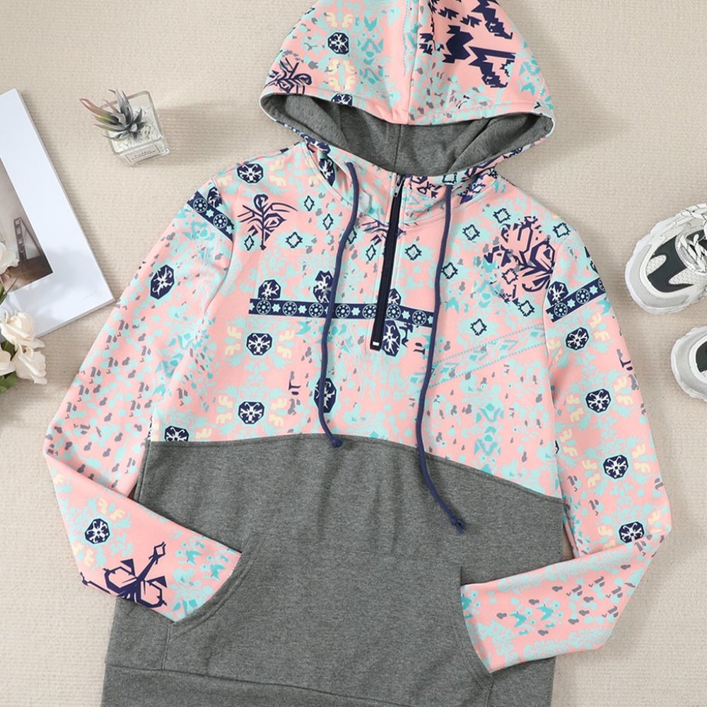 Gray Boho Print Color Block Patchwork Zip Collar Sweatshirt - Picture 9 of 12